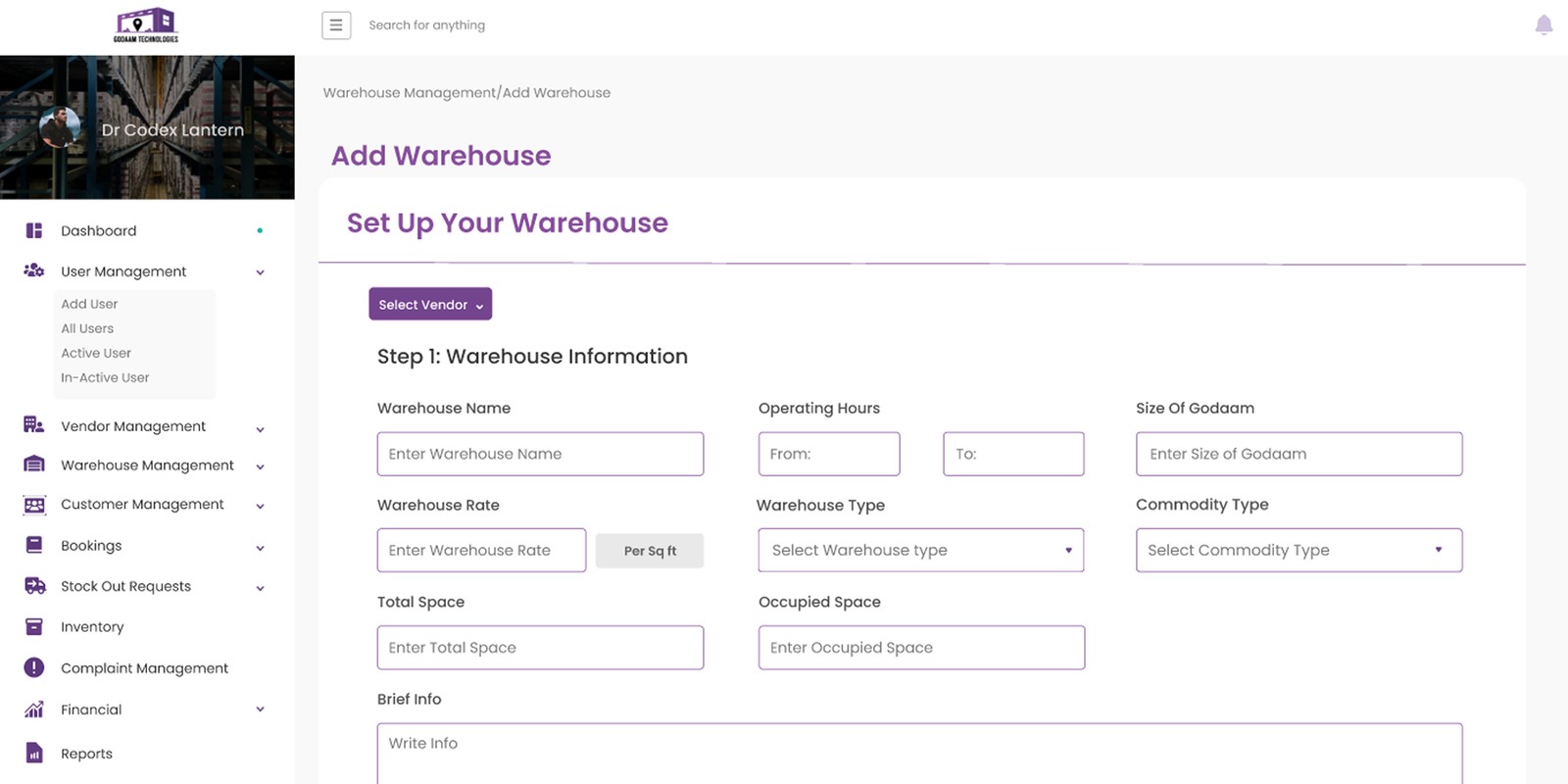 Godaam add warehouse setup form for warehouse information