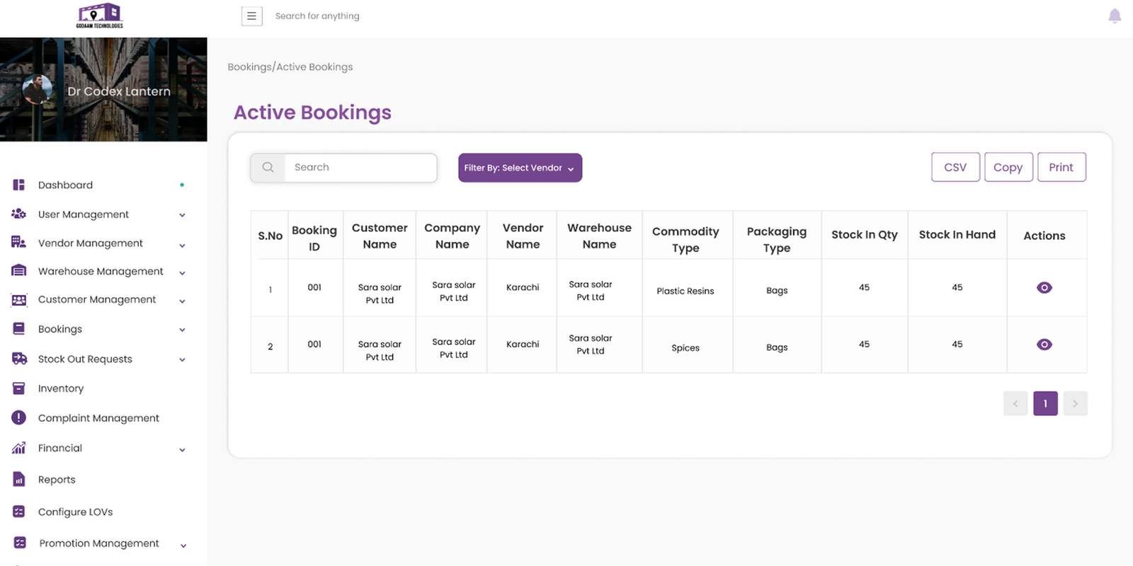 Godaam active bookings table for warehouse logistics